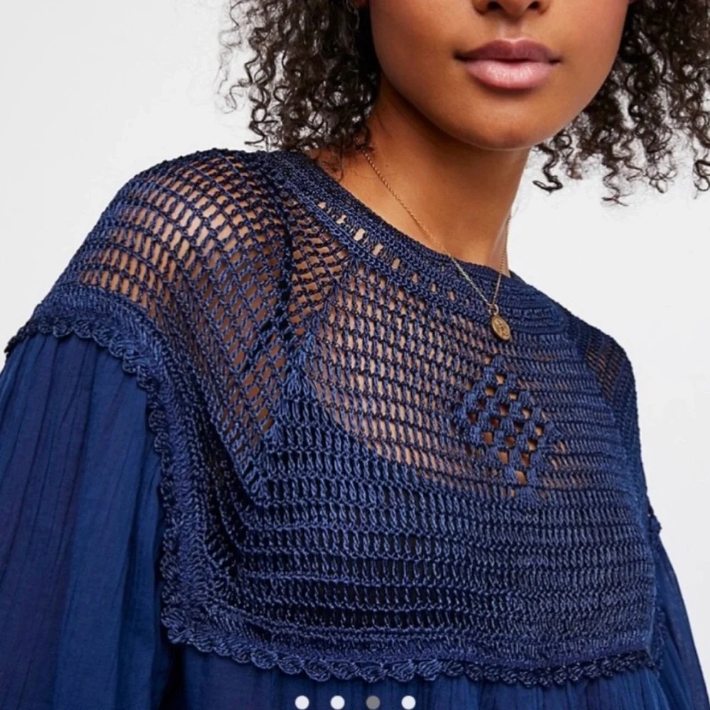 Free People M Navy Blue Gauze‎ Crochet Lace Bib Early Frost Top Blouse Boho
